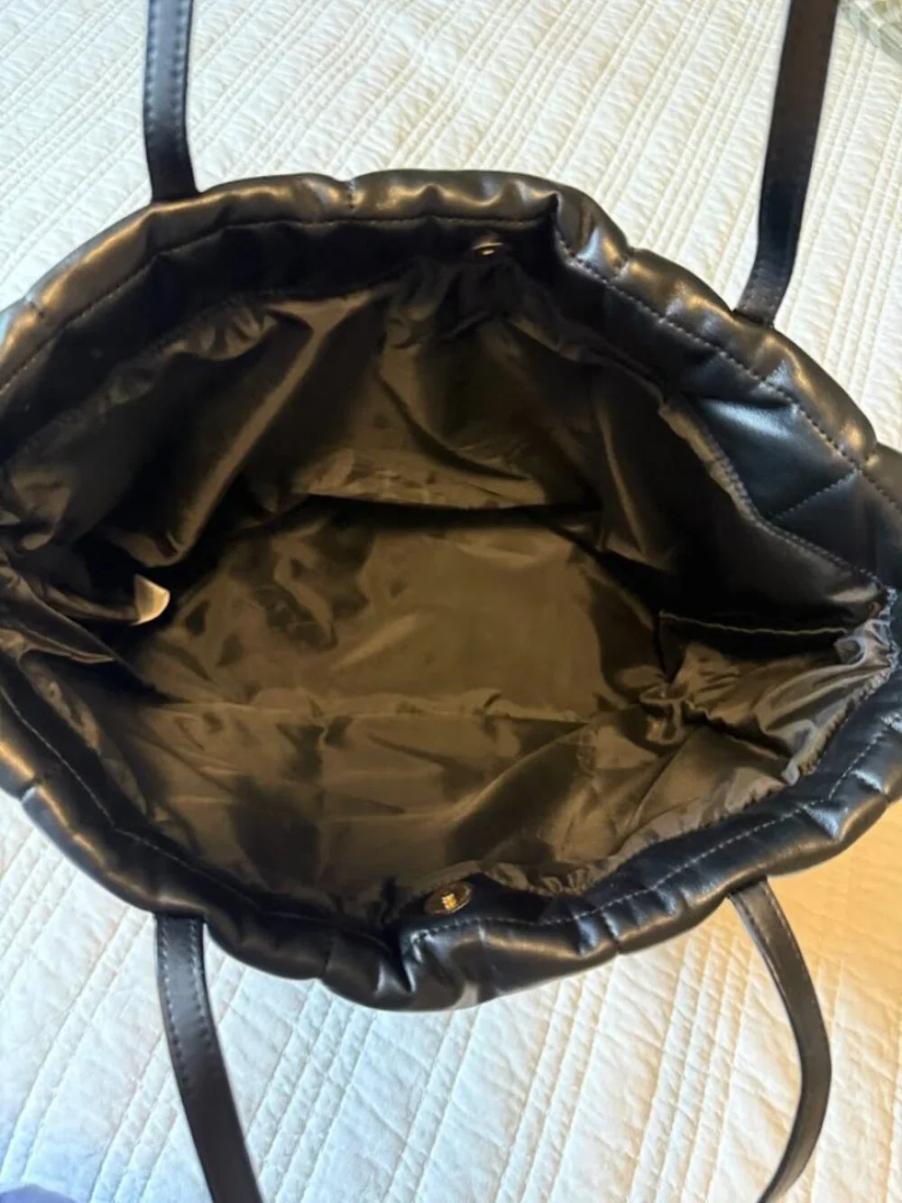 Victoria Secret Quilted Puffer Tote Bag Black Silver V Logo Emblem Long Straps